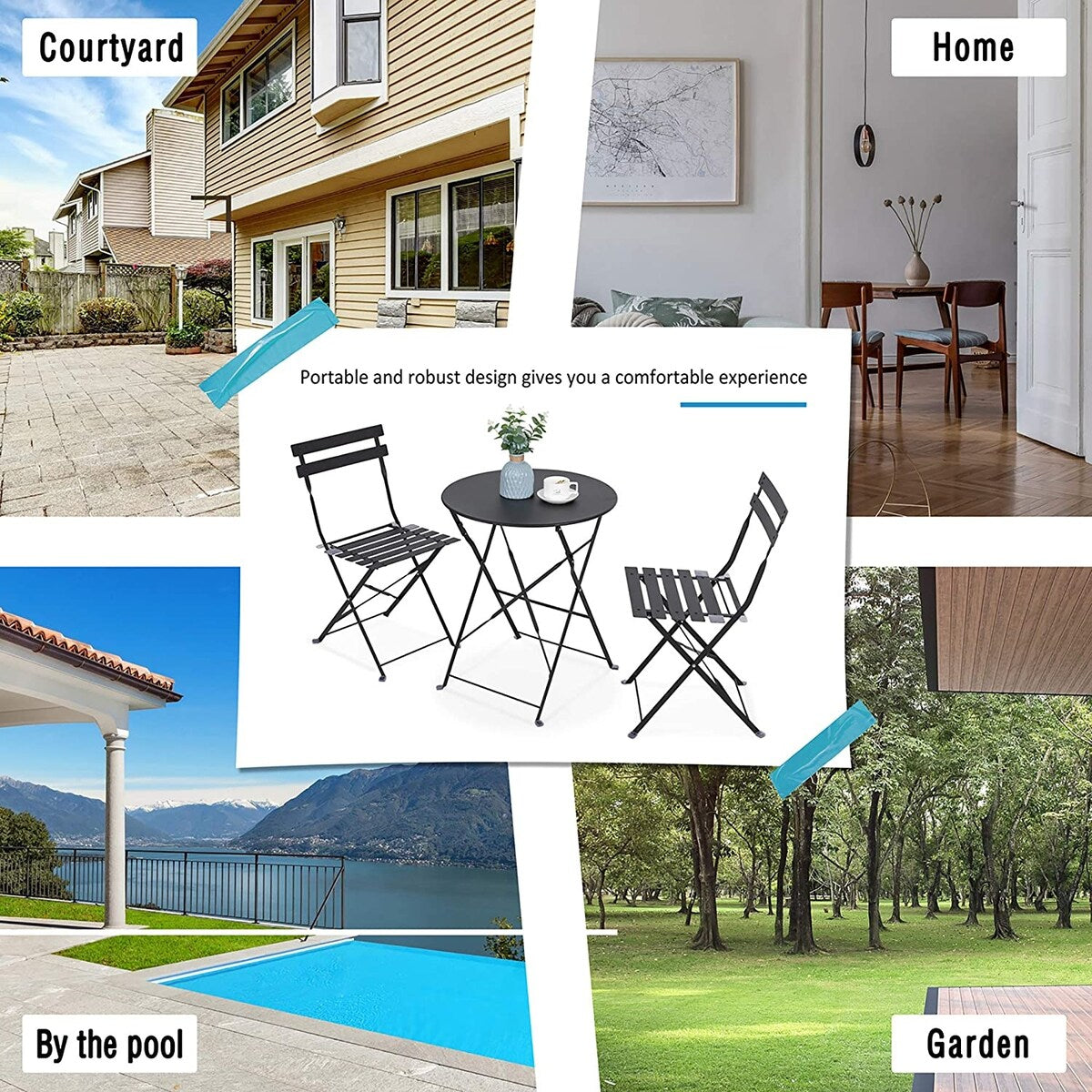 3-teiliges, klappbares Bistro-Set aus Metall, wetterbeständiges Sitzset für drinnen und draußen, für Terrasse, Garten