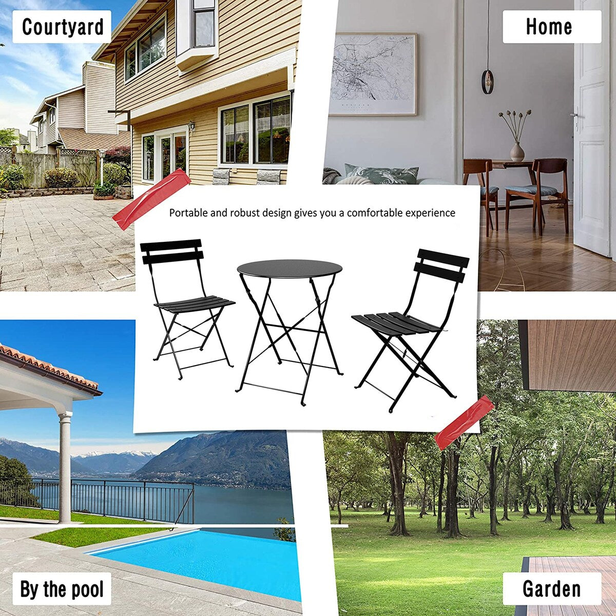 3-teiliges, klappbares Bistro-Set aus Metall, wetterbeständiges Sitzset für drinnen und draußen, für Terrasse, Garten