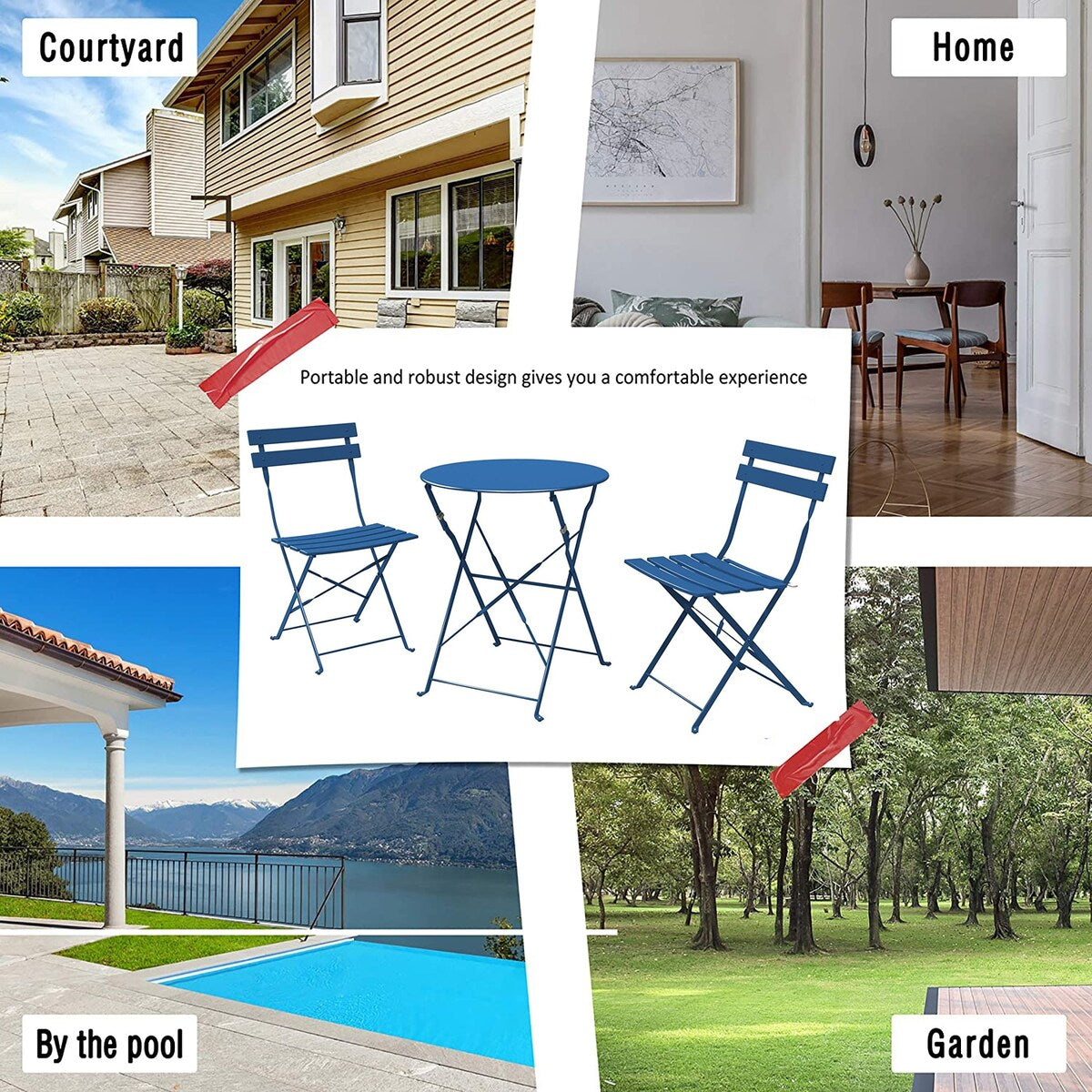 3-teiliges, klappbares Bistro-Set aus Metall, wetterbeständiges Sitzset für drinnen und draußen, für Terrasse, Garten