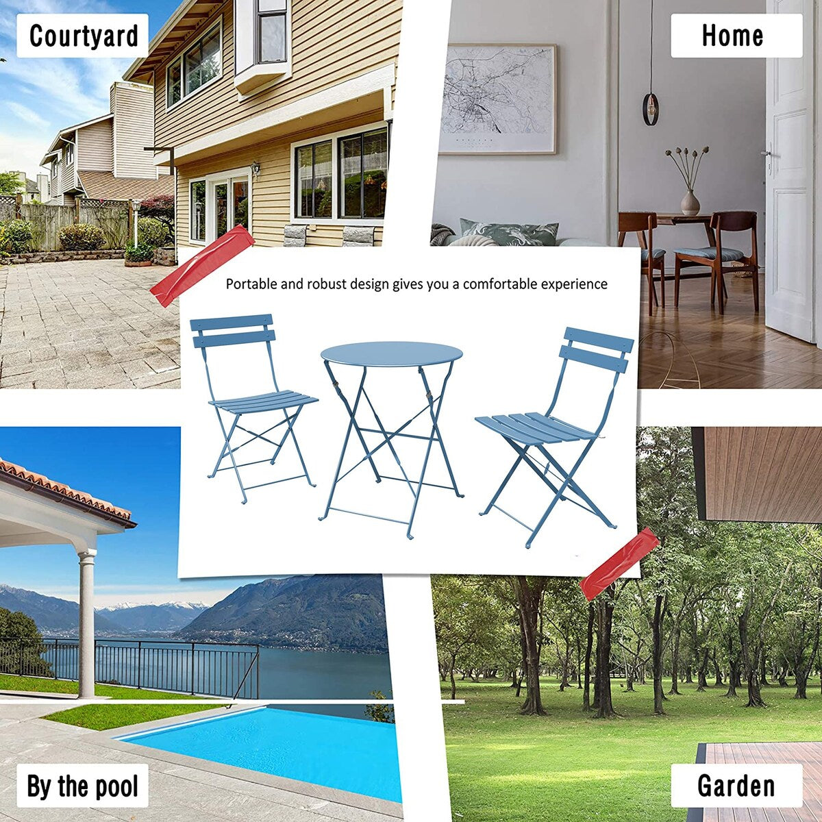 3-teiliges, klappbares Bistro-Set aus Metall, wetterbeständiges Sitzset für drinnen und draußen, für Terrasse, Garten