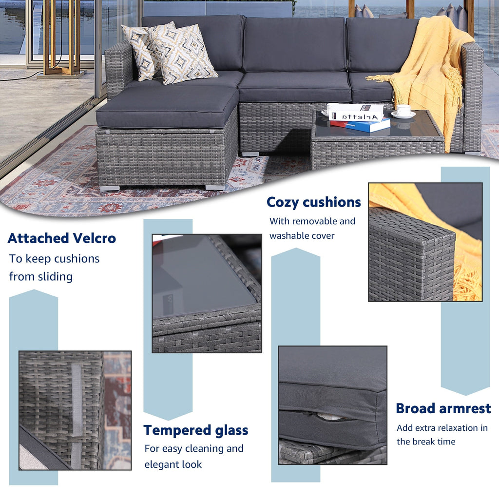 5-teiliges Outdoor-Ecksofa-Set aus Rattan mit Kissen