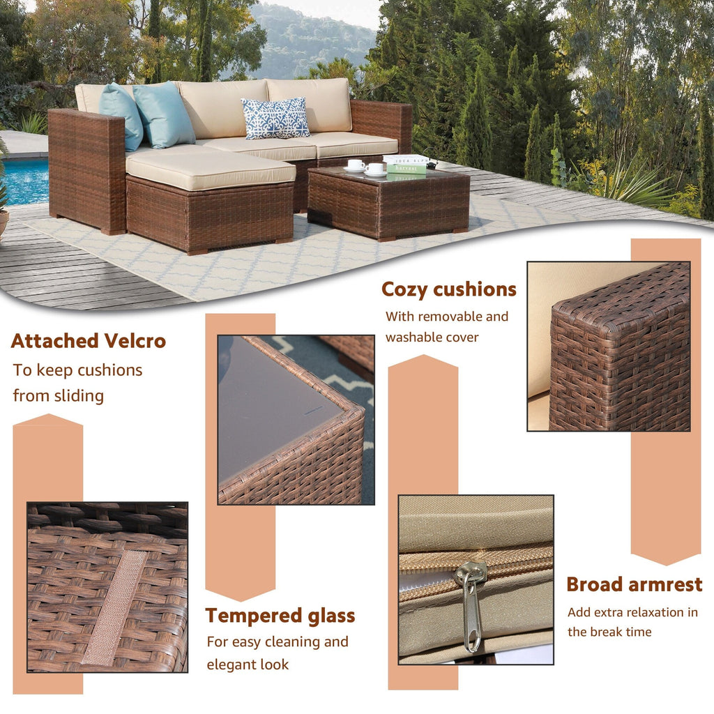 5-teiliges Outdoor-Ecksofa-Set aus Rattan mit Kissen