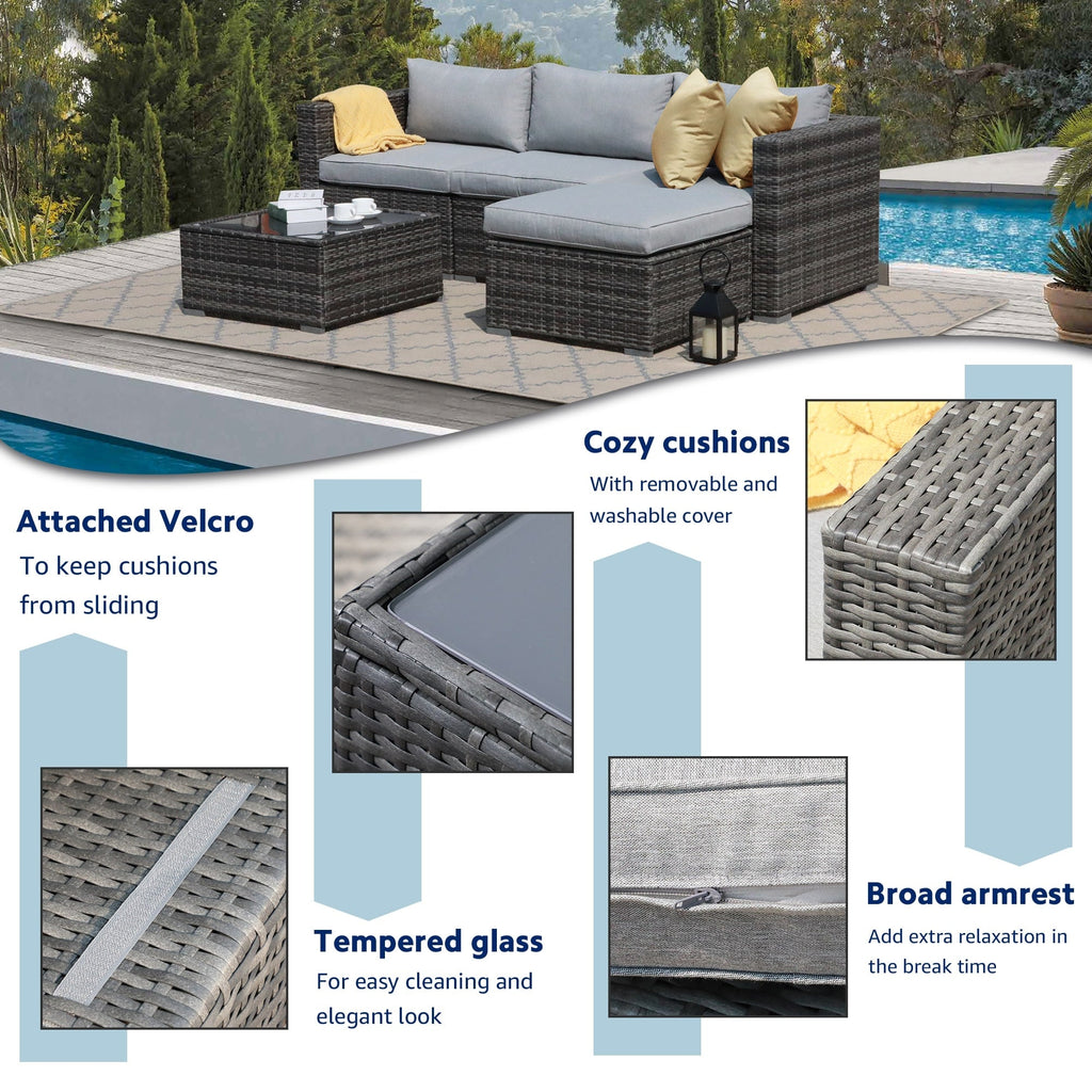 5-teiliges Outdoor-Ecksofa-Set aus Rattan mit Kissen