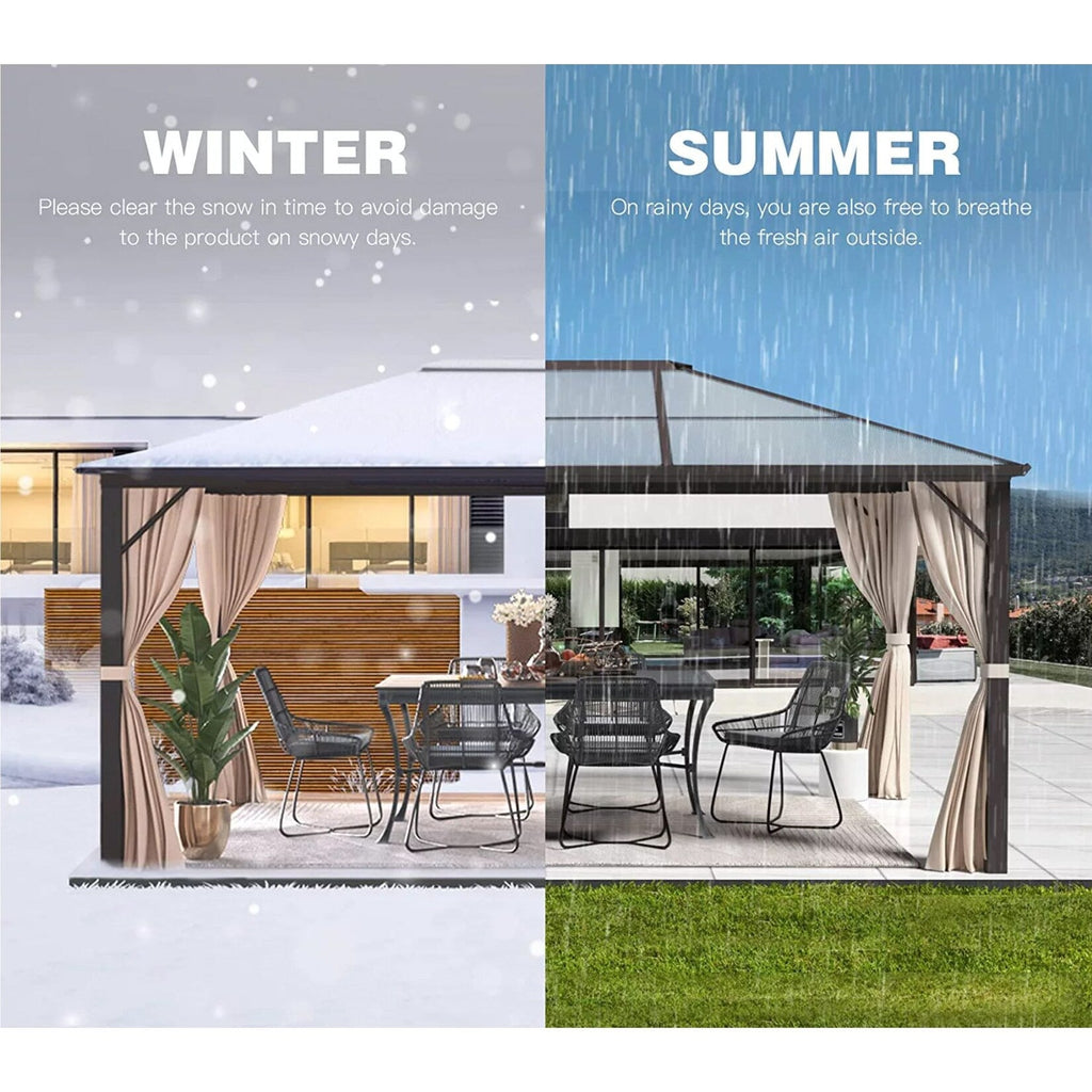 EROMMY Pavillon mit festem Dach, Pergola mit Doppeldach, Netz und Vorhängen, robuste Überdachung für Terrasse, Garten und Poolpartys