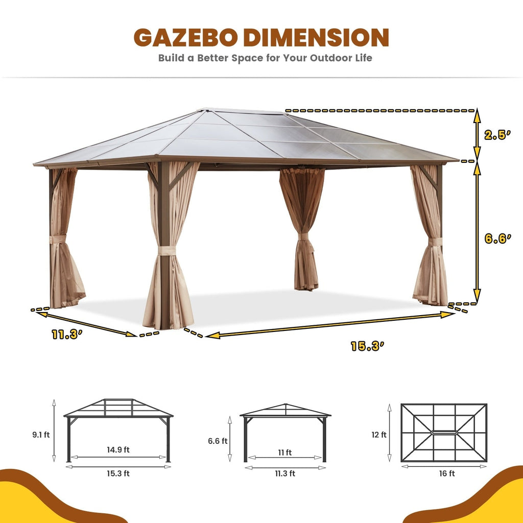 EROMMY Pavillon mit festem Dach, Pergola mit Doppeldach, Netz und Vorhängen, robuste Überdachung für Terrasse, Garten und Poolpartys