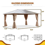 EROMMY Pavillon mit festem Dach, Pergola mit Doppeldach, Netz und Vorhängen, robuste Überdachung für Terrasse, Garten und Poolpartys