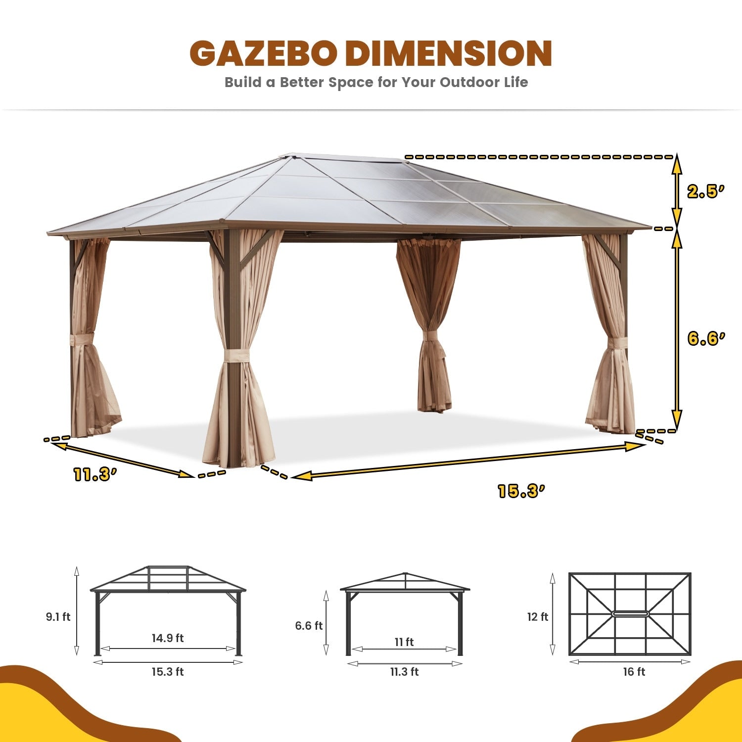 EROMMY Pavillon mit festem Dach, Pergola mit Doppeldach, Netz und Vorhängen, robuste Überdachung für Terrasse, Garten und Poolpartys