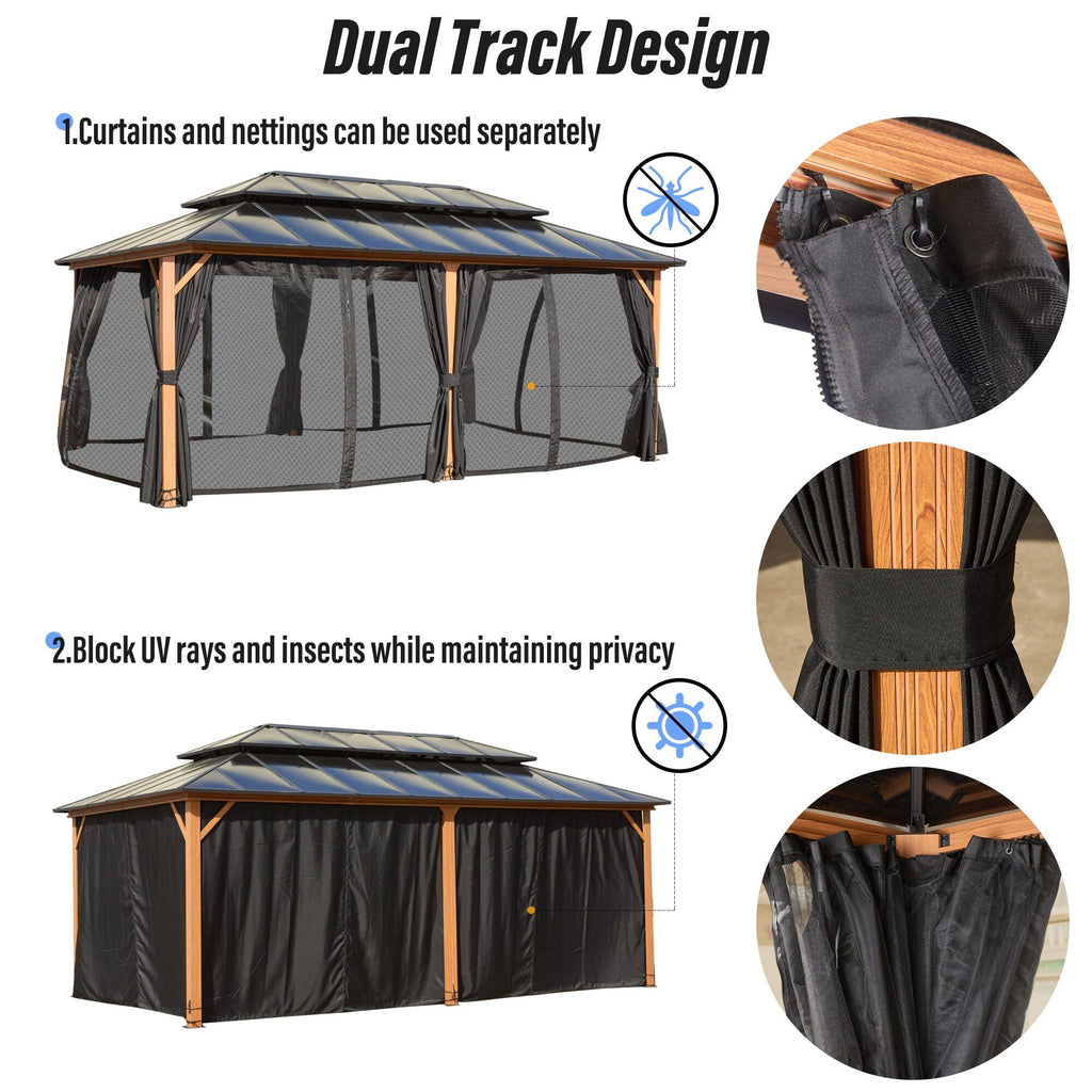 EROMMY Pavillon mit festem Dach, Pergola mit Doppeldach, Netz und Vorhängen, robuste Überdachung für Terrasse, Garten und Poolpartys