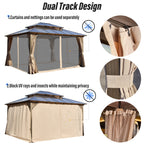 EROMMY Pavillon mit festem Dach, Pergola mit Doppeldach, Netz und Vorhängen, robuste Überdachung für Terrasse, Garten und Poolpartys