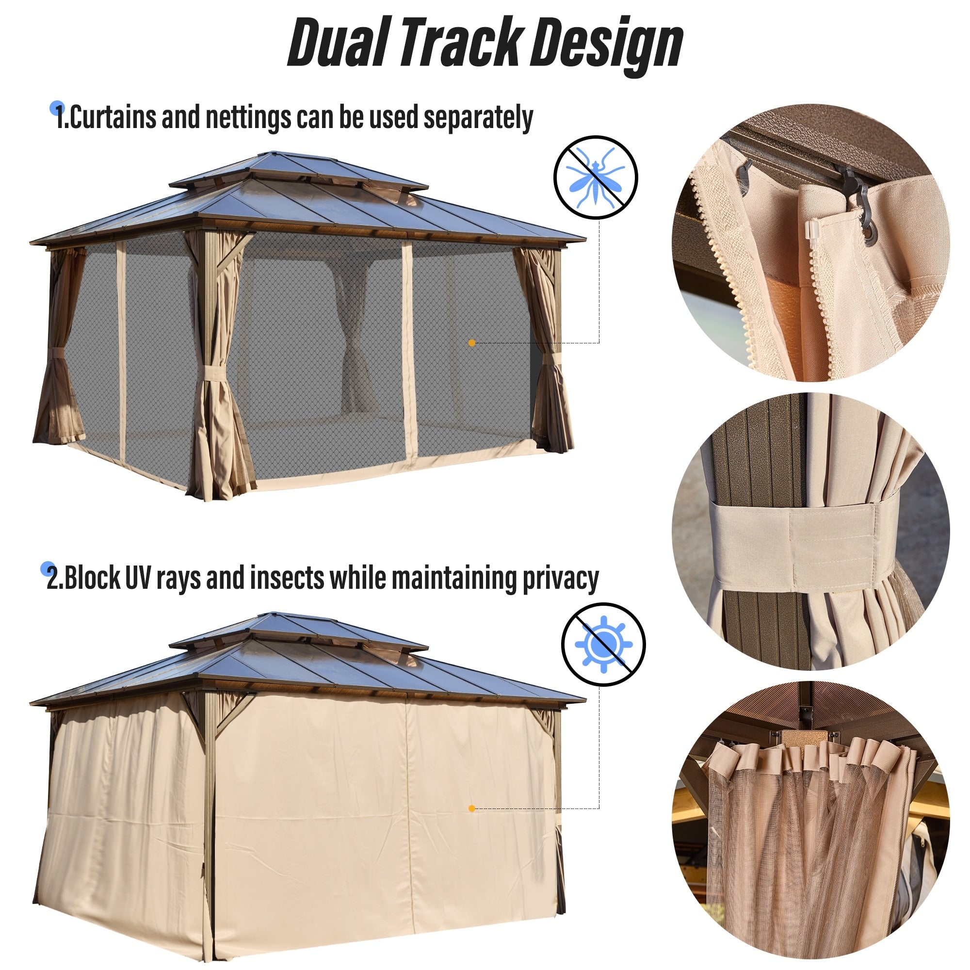 EROMMY Pavillon mit festem Dach, Pergola mit Doppeldach, Netz und Vorhängen, robuste Überdachung für Terrasse, Garten und Poolpartys