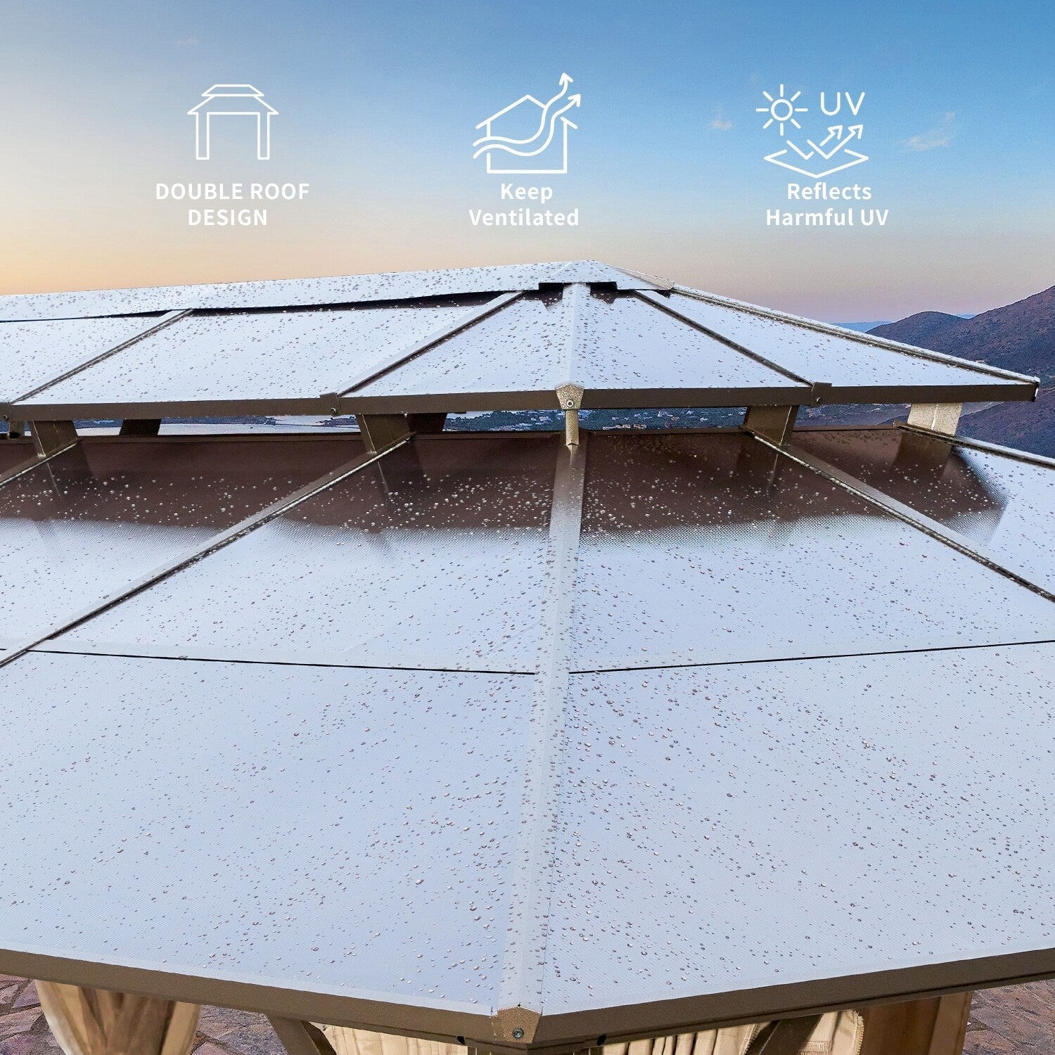 EROMMY Pavillon mit festem Dach, Pergola mit Doppeldach, Netz und Vorhängen, robuste Überdachung für Terrasse, Garten und Poolpartys