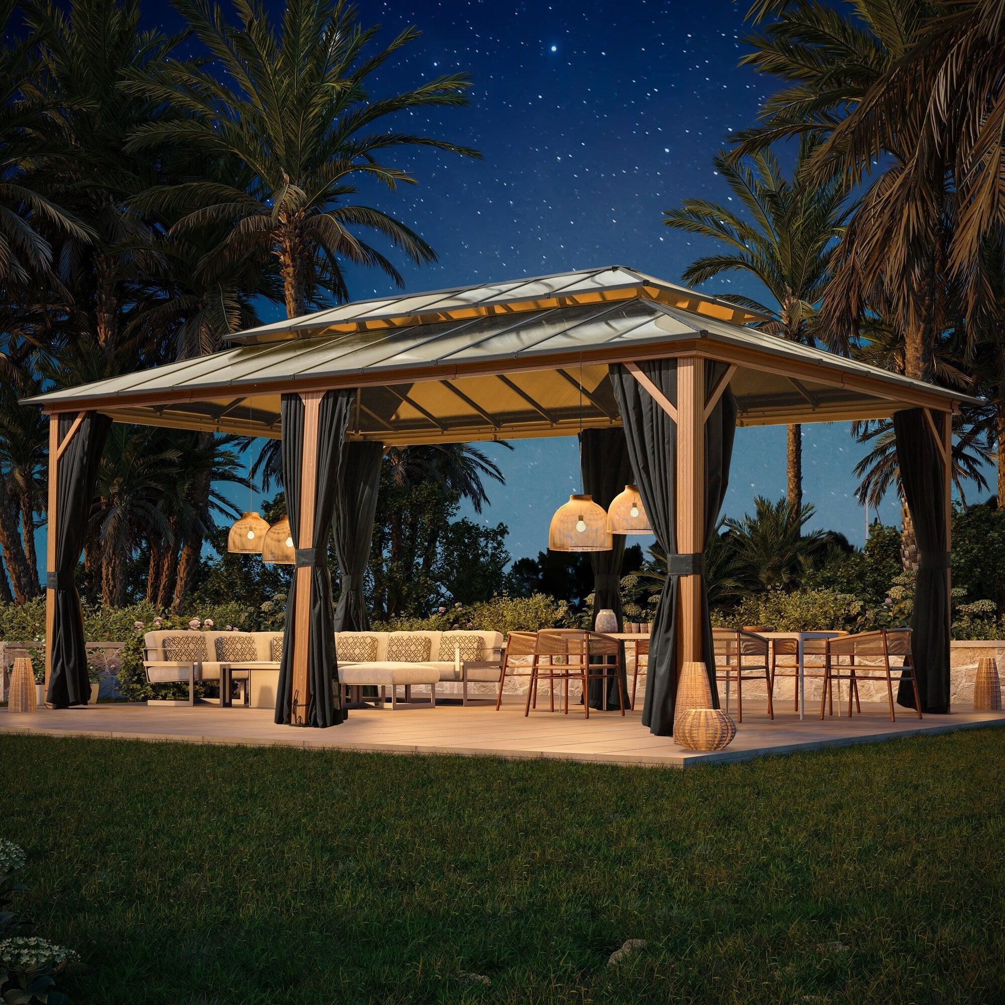 EROMMY Pavillon mit festem Dach, Pergola mit Doppeldach, Netz und Vorhängen, robuste Überdachung für Terrasse, Garten und Poolpartys