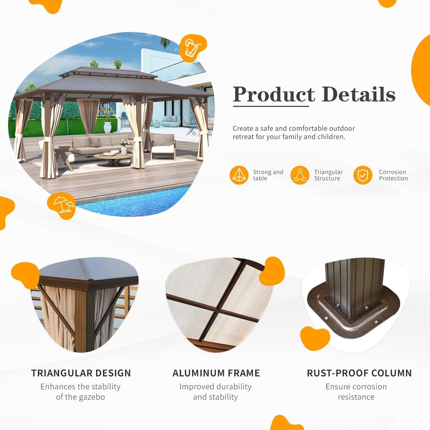 EROMMY Pavillon mit festem Dach, Pergola mit Doppeldach, Netz und Vorhängen, robuste Überdachung für Terrasse, Garten und Poolpartys