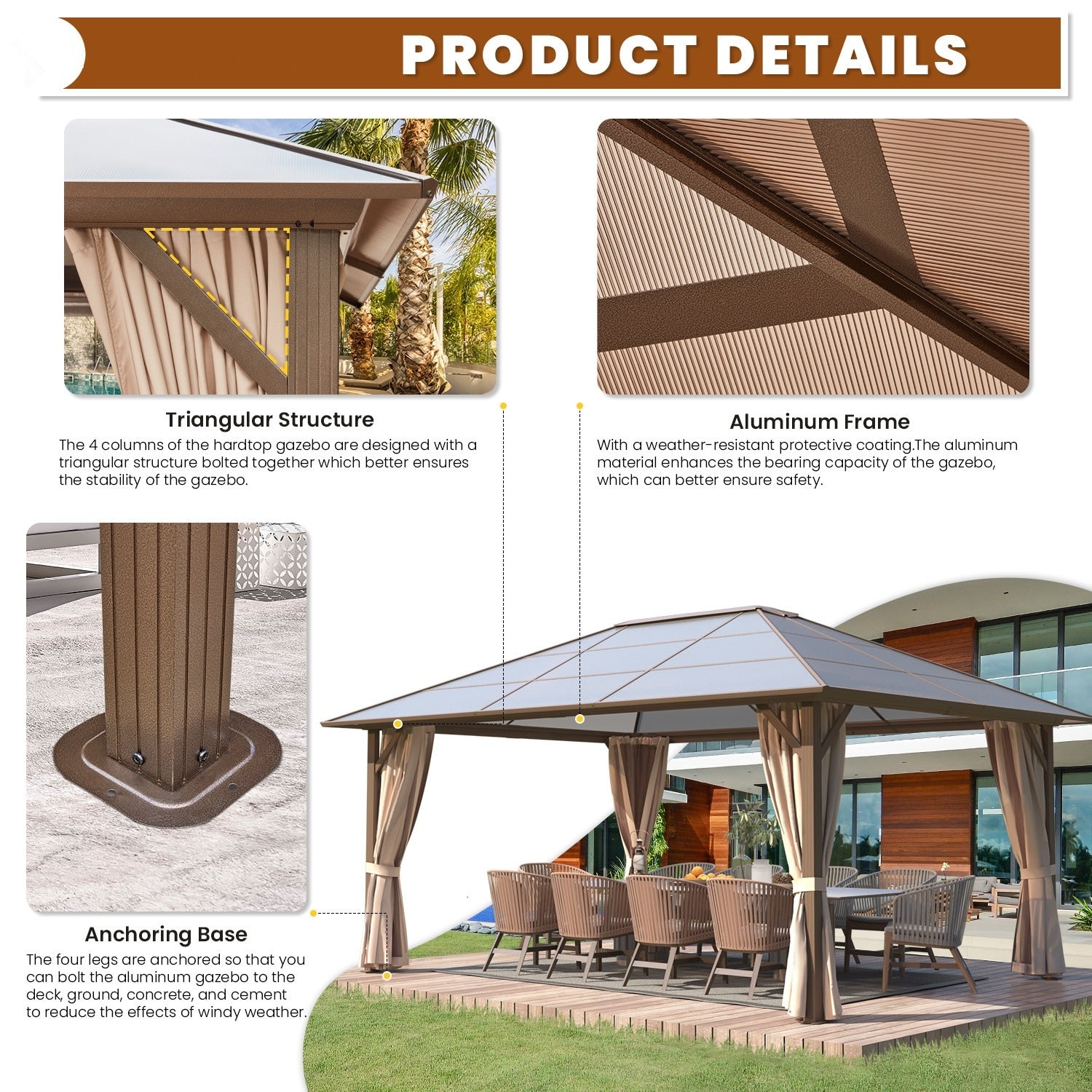 EROMMY Pavillon mit festem Dach, Pergola mit Doppeldach, Netz und Vorhängen, robuste Überdachung für Terrasse, Garten und Poolpartys