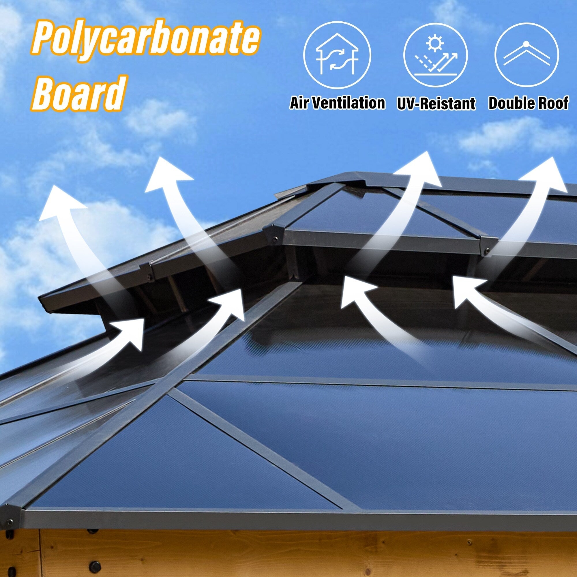 EROMMY Pavillon mit festem Dach, Pergola mit Doppeldach, Netz und Vorhängen, robuste Überdachung für Terrasse, Garten und Poolpartys