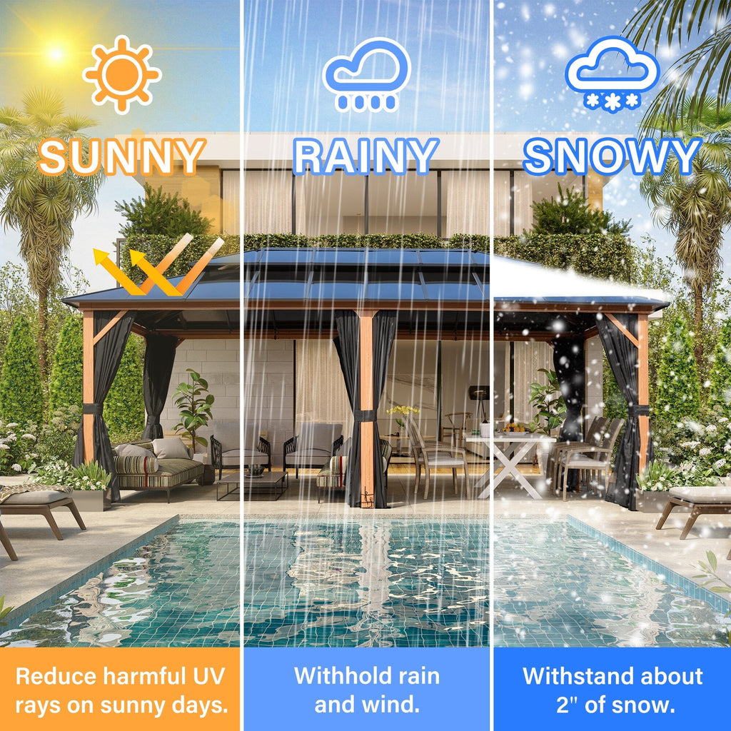 EROMMY Pavillon mit festem Dach, Pergola mit Doppeldach, Netz und Vorhängen, robuste Überdachung für Terrasse, Garten und Poolpartys