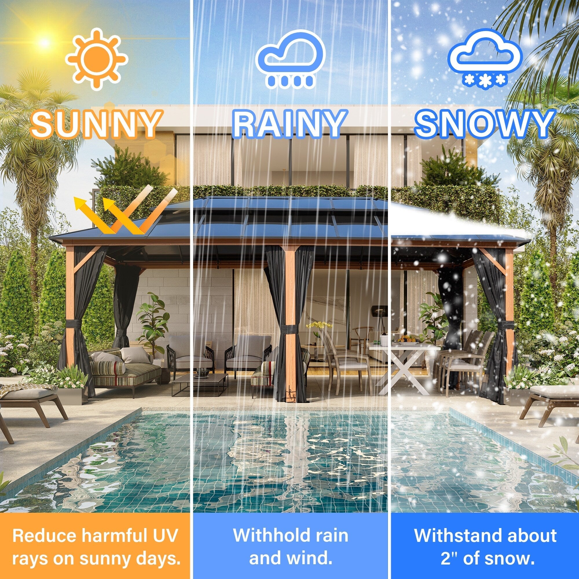 EROMMY Pavillon mit festem Dach, Pergola mit Doppeldach, Netz und Vorhängen, robuste Überdachung für Terrasse, Garten und Poolpartys