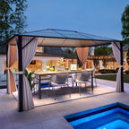 EROMMY Pavillon mit festem Dach, Pergola mit Doppeldach, Netz und Vorhängen, robuste Überdachung für Terrasse, Garten und Poolpartys