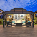 EROMMY Pavillon mit festem Dach, Pergola mit Doppeldach, Netz und Vorhängen, robuste Überdachung für Terrasse, Garten und Poolpartys