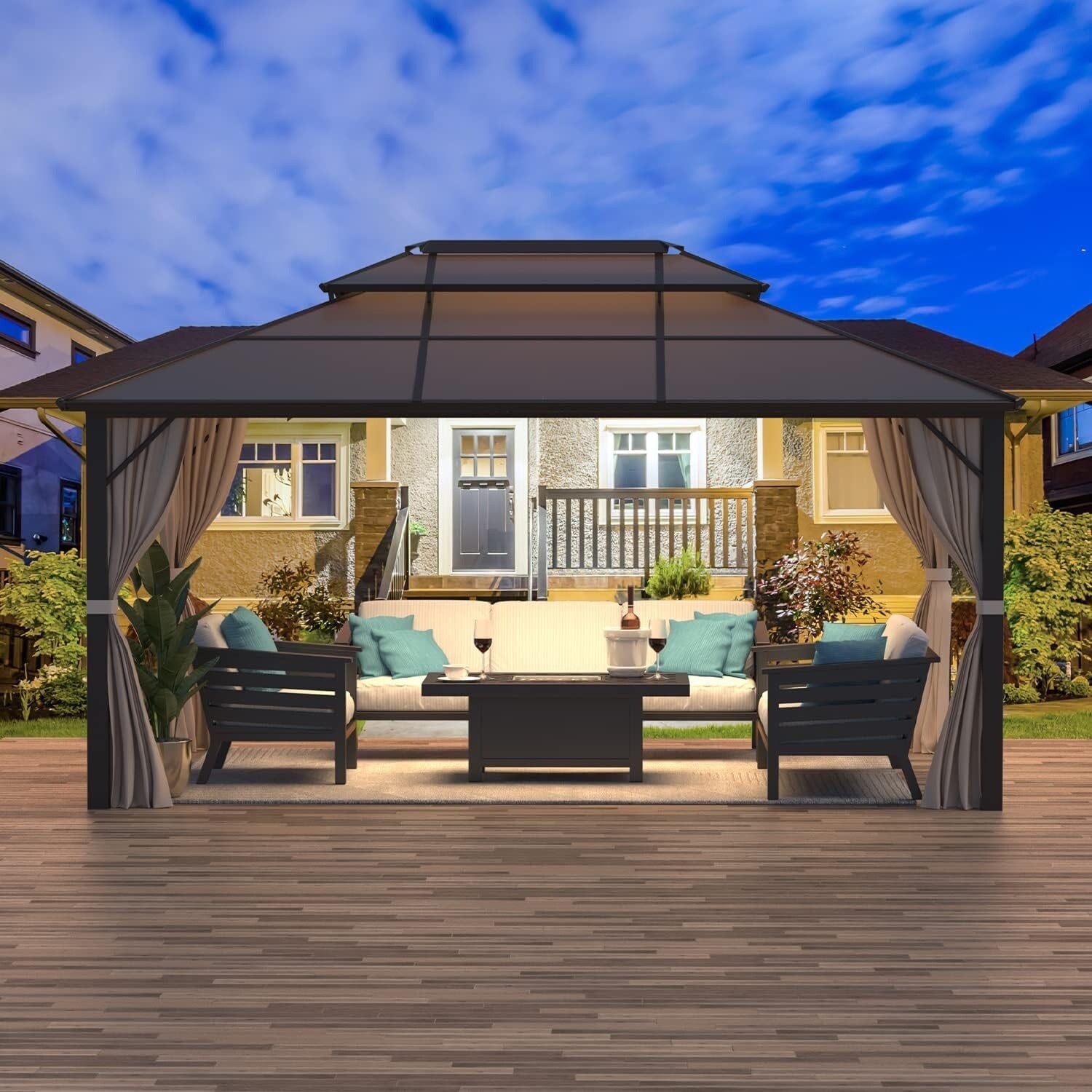 EROMMY Pavillon mit festem Dach, Pergola mit Doppeldach, Netz und Vorhängen, robuste Überdachung für Terrasse, Garten und Poolpartys