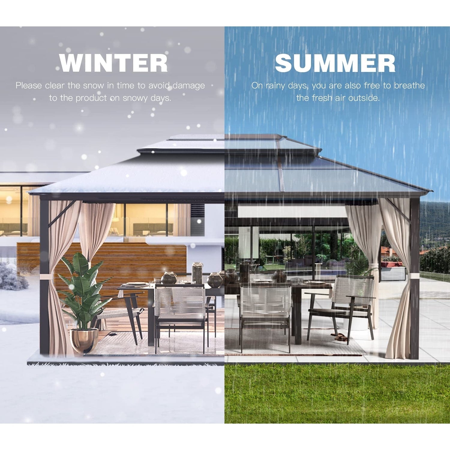 EROMMY Pavillon mit festem Dach, Pergola mit Doppeldach, Netz und Vorhängen, robuste Überdachung für Terrasse, Garten und Poolpartys