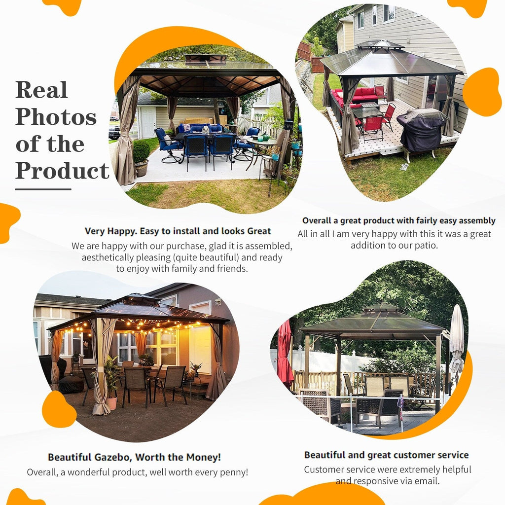 EROMMY Pavillon mit festem Dach, Pergola mit Doppeldach, Netz und Vorhängen, robuste Überdachung für Terrasse, Garten und Poolpartys