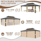 EROMMY Pavillon mit festem Dach, Pergola mit Doppeldach, Netz und Vorhängen, robuste Überdachung für Terrasse, Garten und Poolpartys