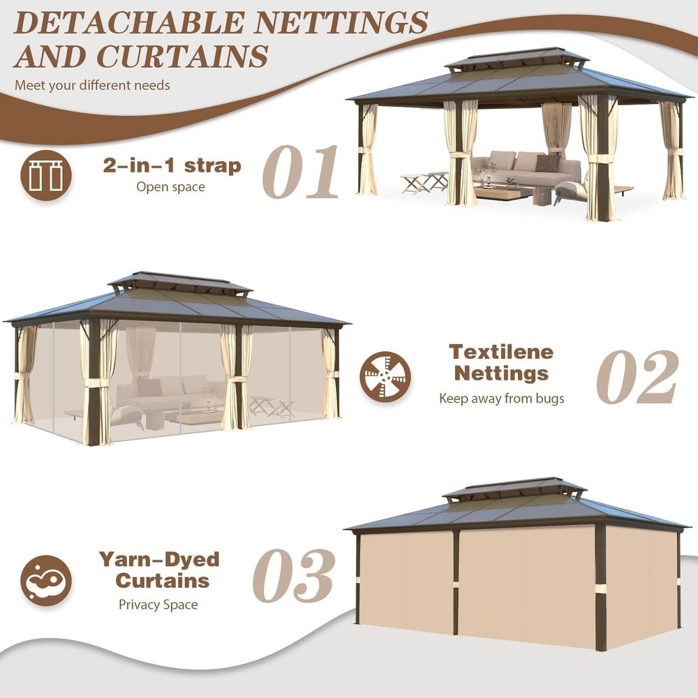 EROMMY Pavillon mit festem Dach, Pergola mit Doppeldach, Netz und Vorhängen, robuste Überdachung für Terrasse, Garten und Poolpartys