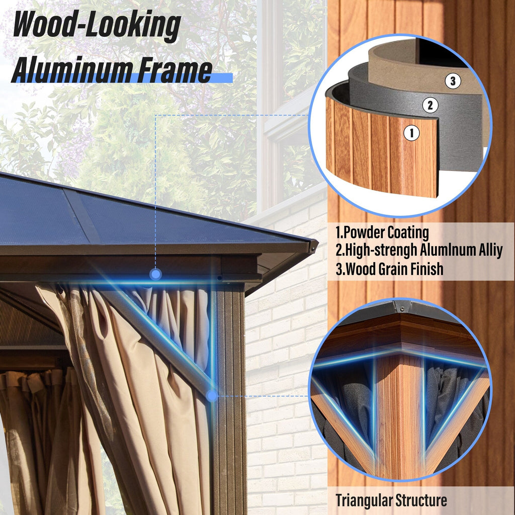 EROMMY Pavillon mit festem Dach, Pergola mit Doppeldach, Netz und Vorhängen, robuste Überdachung für Terrasse, Garten und Poolpartys