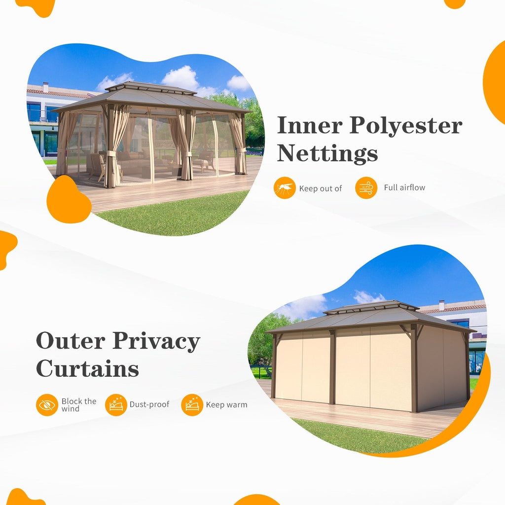 EROMMY Pavillon mit festem Dach, Pergola mit Doppeldach, Netz und Vorhängen, robuste Überdachung für Terrasse, Garten und Poolpartys