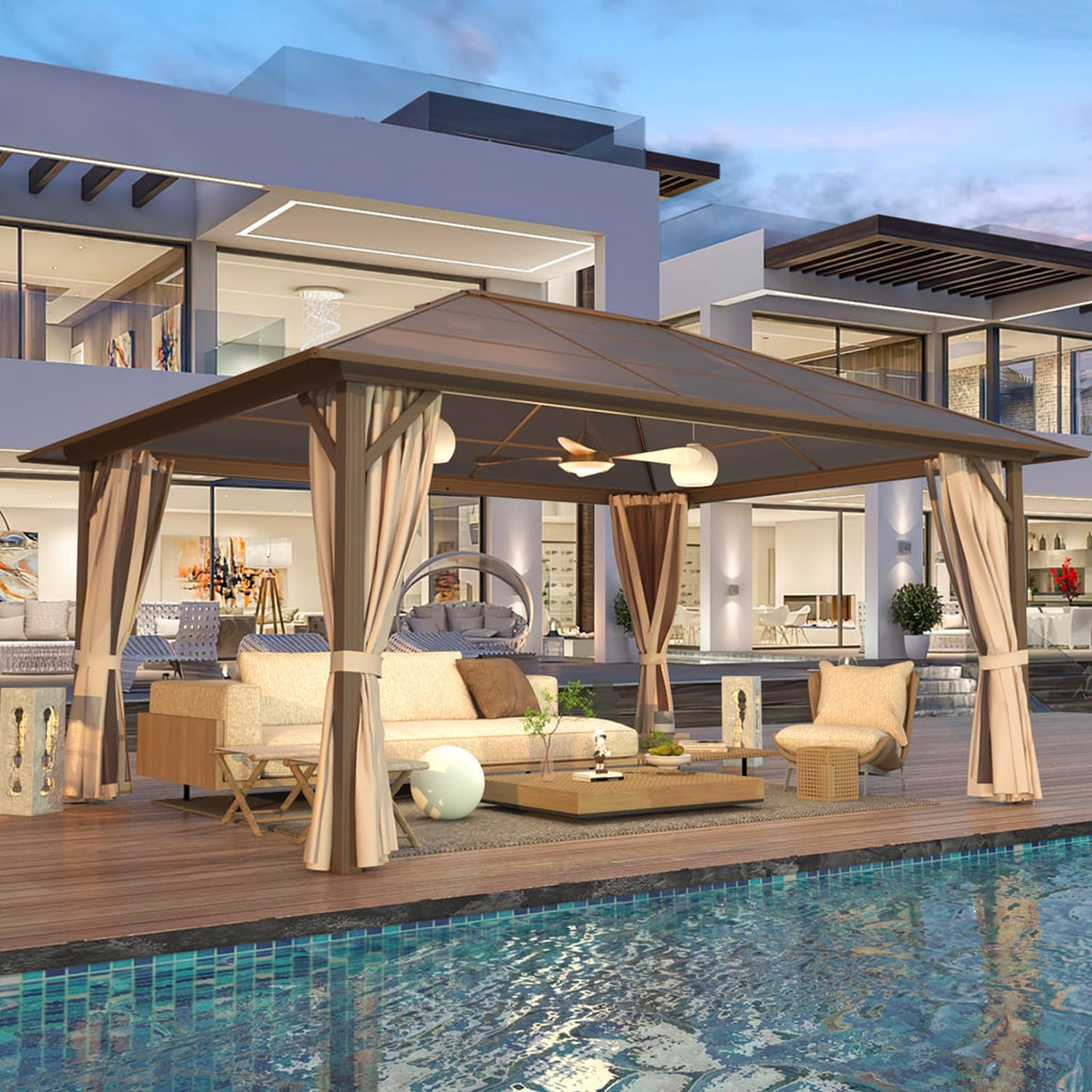 EROMMY Pavillon mit festem Dach, Pergola mit Doppeldach, Netz und Vorhängen, robuste Überdachung für Terrasse, Garten und Poolpartys