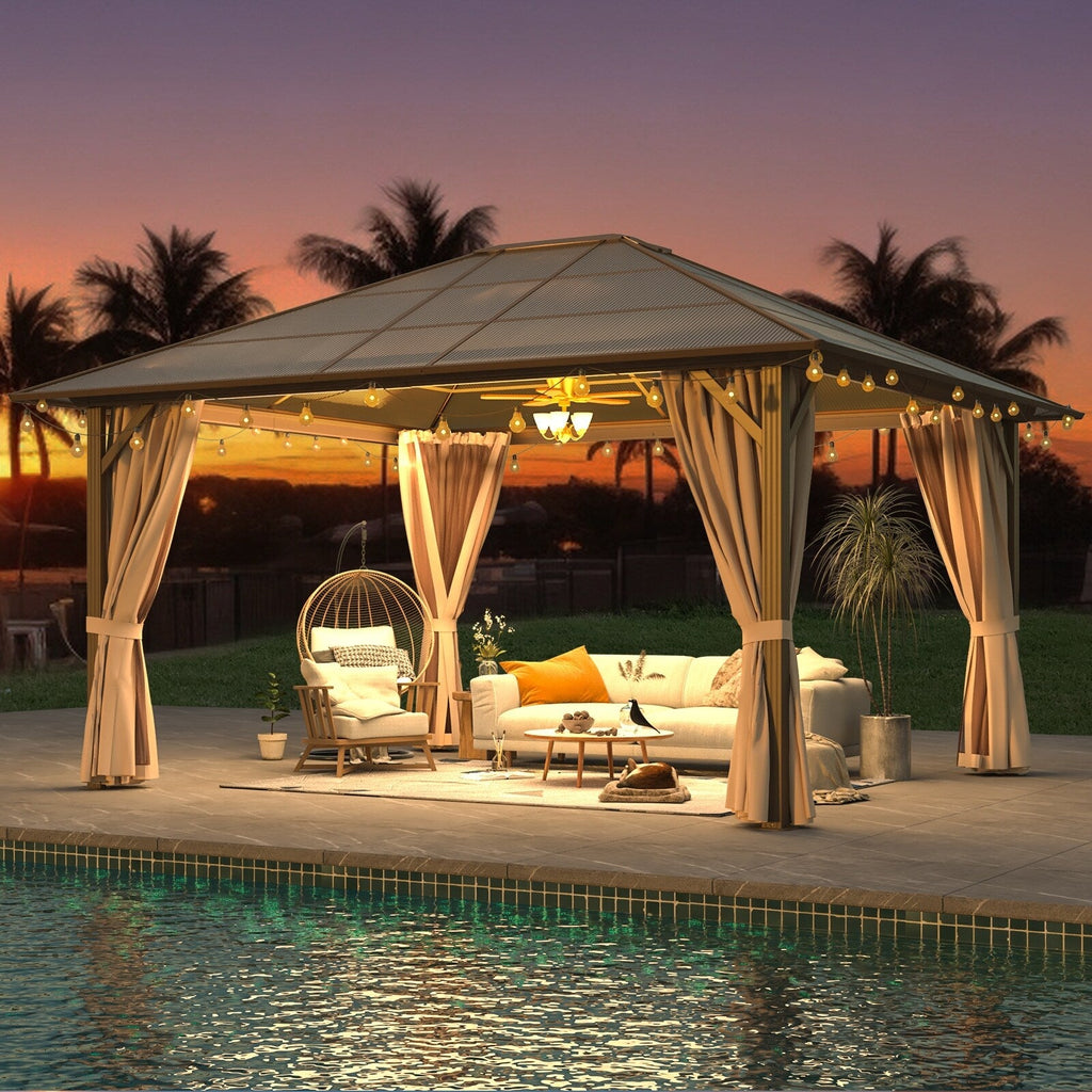 EROMMY Pavillon mit festem Dach, Pergola mit Doppeldach, Netz und Vorhängen, robuste Überdachung für Terrasse, Garten und Poolpartys