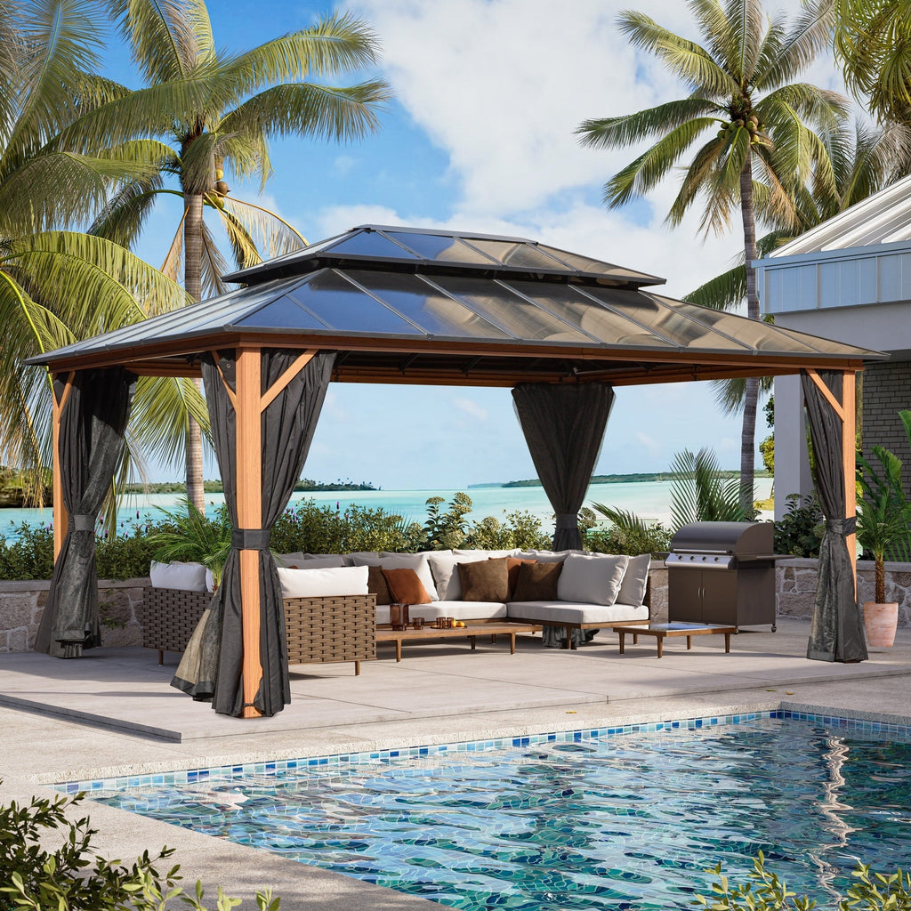 EROMMY Pavillon mit festem Dach, Pergola mit Doppeldach, Netz und Vorhängen, robuste Überdachung für Terrasse, Garten und Poolpartys