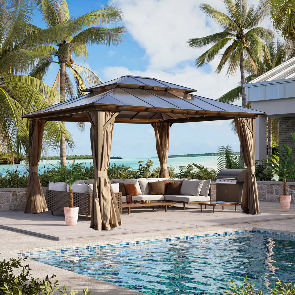 EROMMY Pavillon mit festem Dach, Pergola mit Doppeldach, Netz und Vorhängen, robuste Überdachung für Terrasse, Garten und Poolpartys