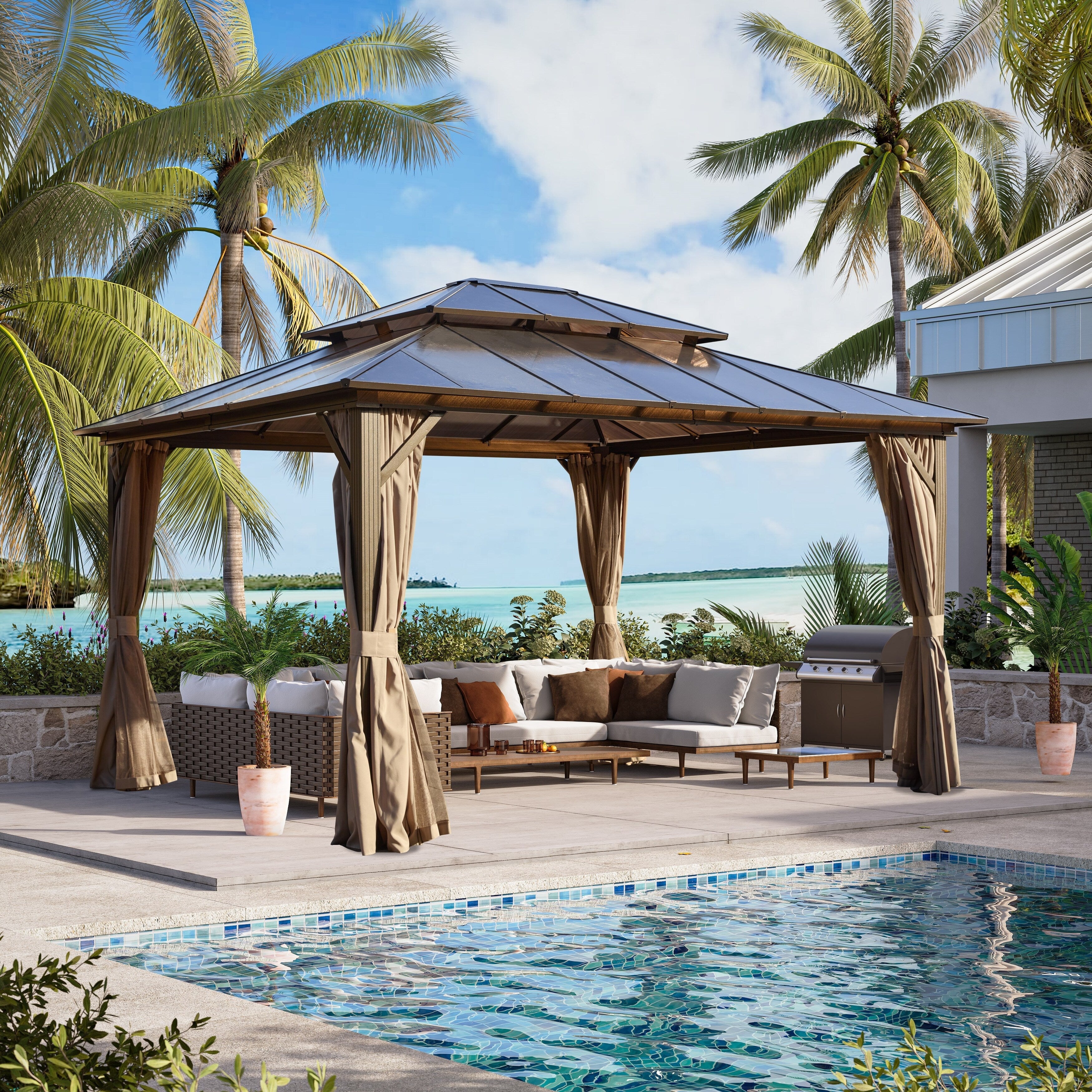 EROMMY Pavillon mit festem Dach, Pergola mit Doppeldach, Netz und Vorhängen, robuste Überdachung für Terrasse, Garten und Poolpartys