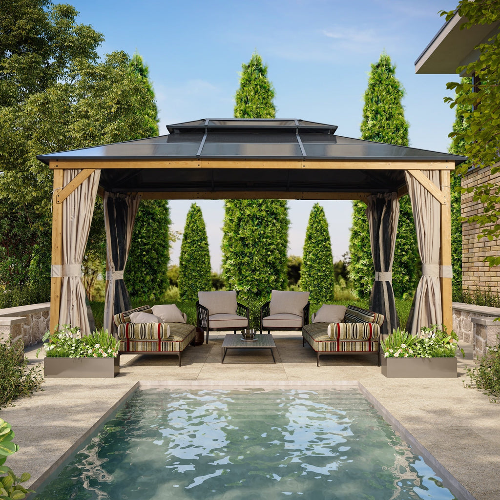 EROMMY Pavillon mit festem Dach, Pergola mit Doppeldach, Netz und Vorhängen, robuste Überdachung für Terrasse, Garten und Poolpartys