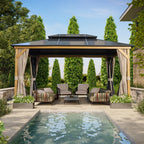 EROMMY Pavillon mit festem Dach, Pergola mit Doppeldach, Netz und Vorhängen, robuste Überdachung für Terrasse, Garten und Poolpartys