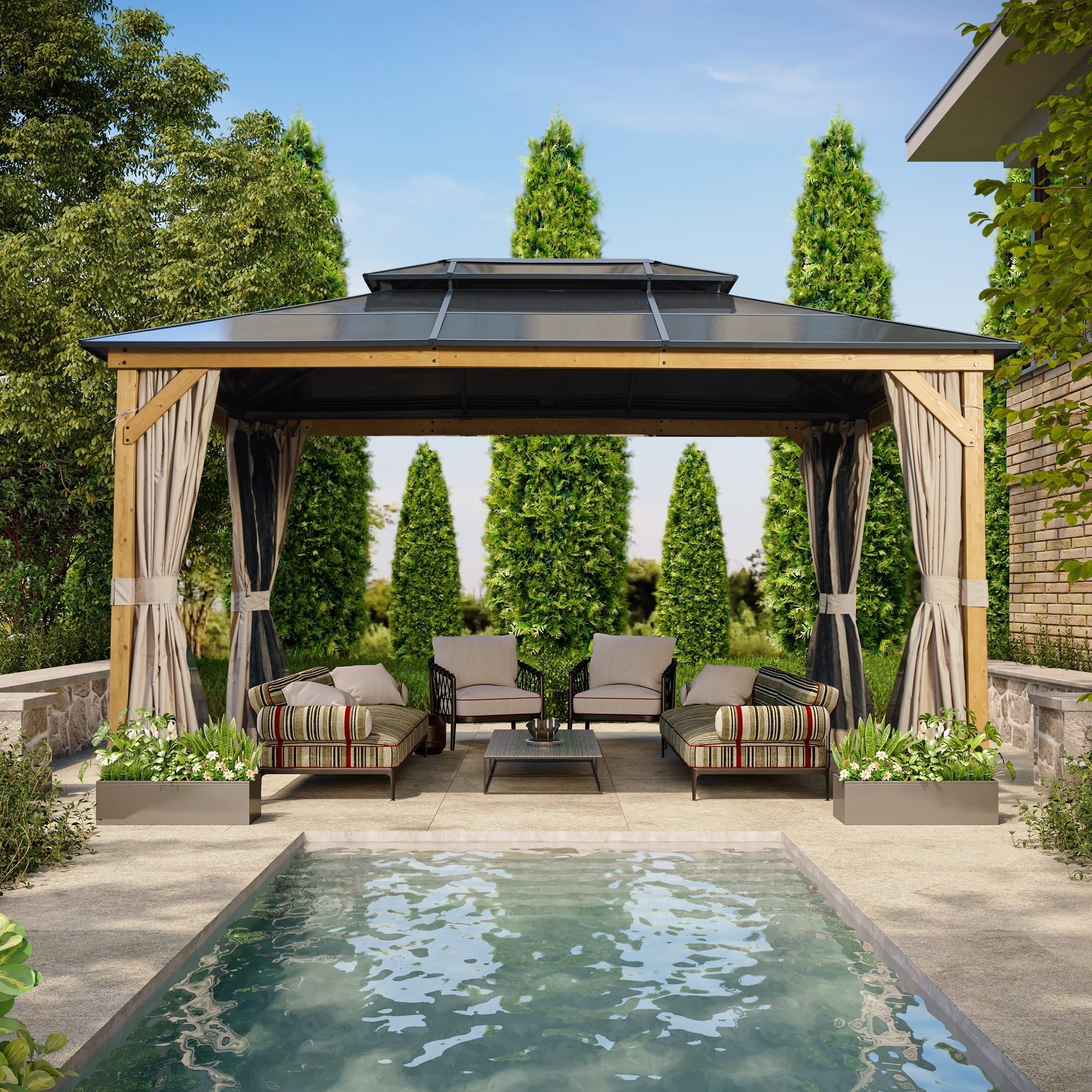 EROMMY Pavillon mit festem Dach, Pergola mit Doppeldach, Netz und Vorhängen, robuste Überdachung für Terrasse, Garten und Poolpartys