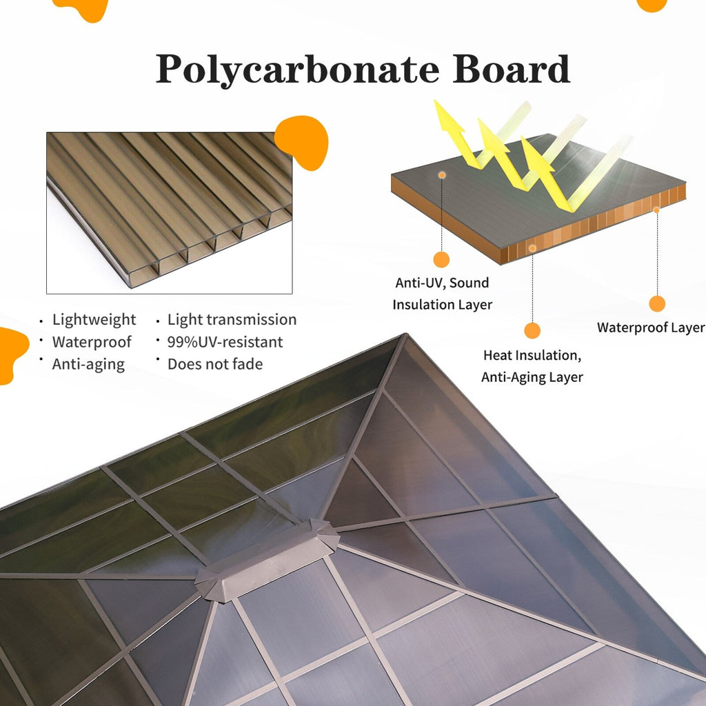 EROMMY Pavillon mit festem Dach, Pergola mit Doppeldach, Netz und Vorhängen, robuste Überdachung für Terrasse, Garten und Poolpartys