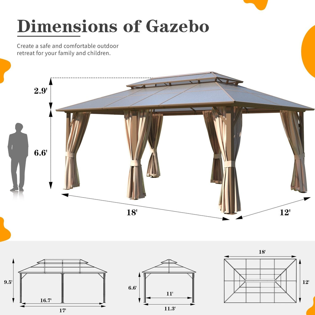 EROMMY Pavillon mit festem Dach, Pergola mit Doppeldach, Netz und Vorhängen, robuste Überdachung für Terrasse, Garten und Poolpartys