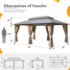 EROMMY Pavillon mit festem Dach, Pergola mit Doppeldach, Netz und Vorhängen, robuste Überdachung für Terrasse, Garten und Poolpartys