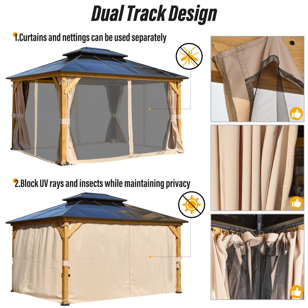 EROMMY Pavillon mit festem Dach, Pergola mit Doppeldach, Netz und Vorhängen, robuste Überdachung für Terrasse, Garten und Poolpartys