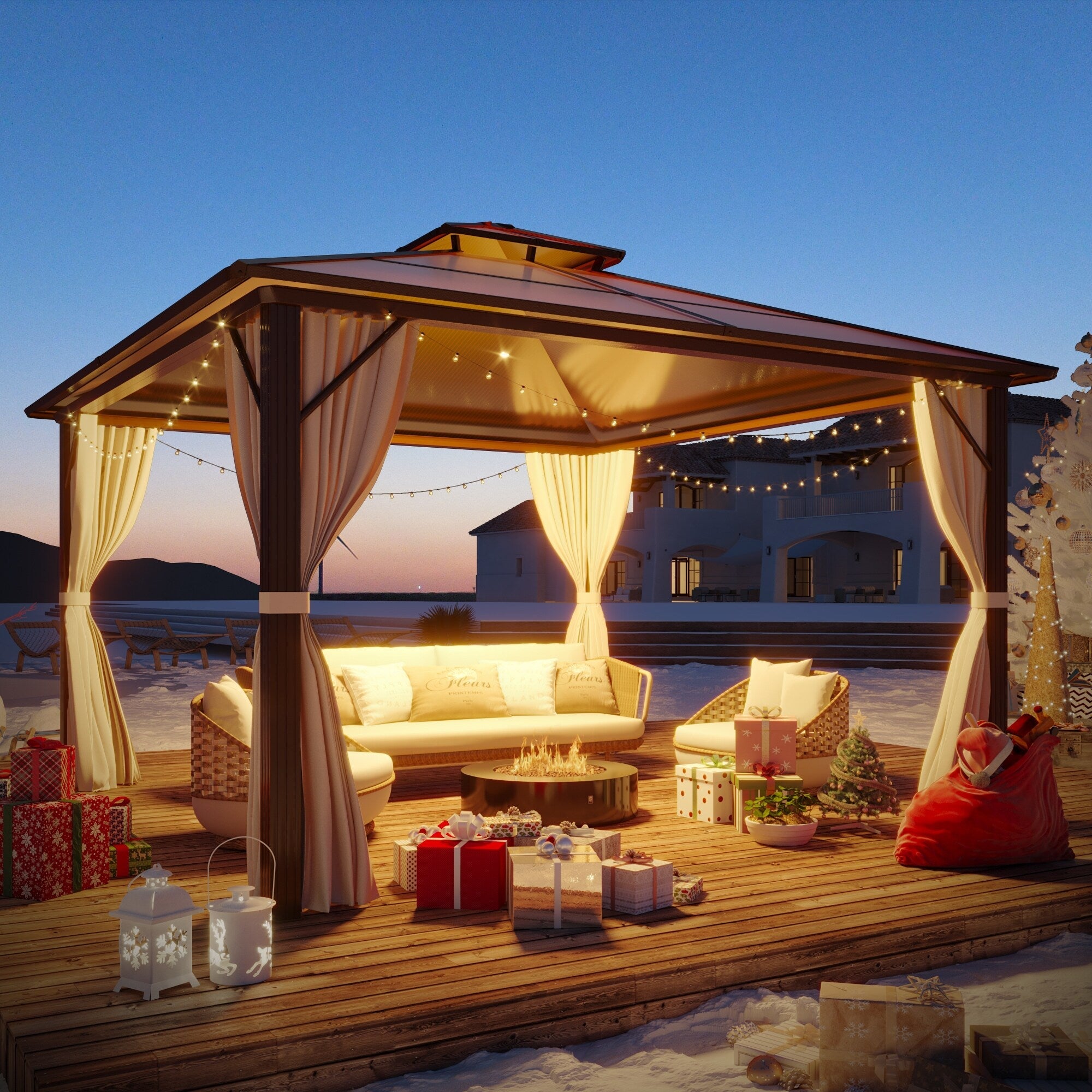 EROMMY Pavillon mit festem Dach, Pergola mit Doppeldach, Netz und Vorhängen, robuste Überdachung für Terrasse, Garten und Poolpartys