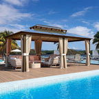 EROMMY Pavillon mit festem Dach, Pergola mit Doppeldach, Netz und Vorhängen, robuste Überdachung für Terrasse, Garten und Poolpartys