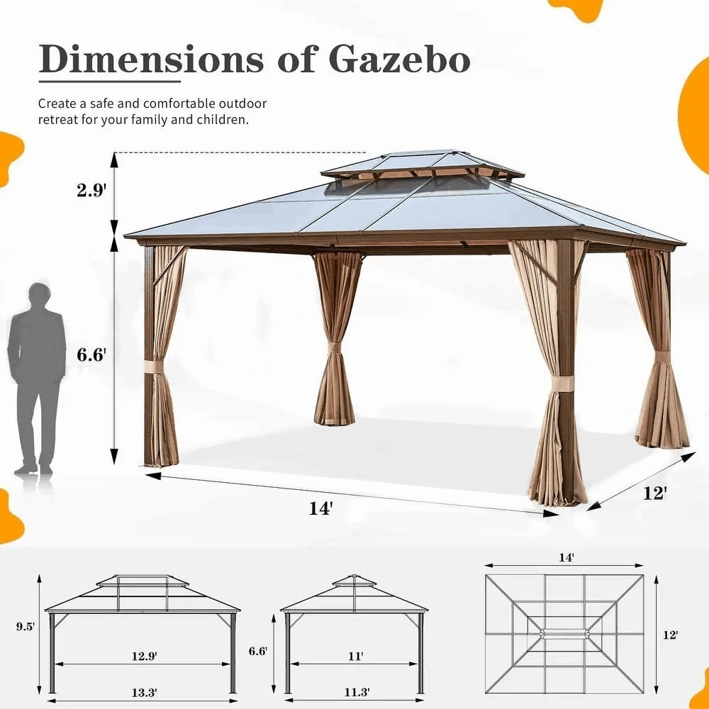 EROMMY Pavillon mit festem Dach, Pergola mit Doppeldach, Netz und Vorhängen, robuste Überdachung für Terrasse, Garten und Poolpartys