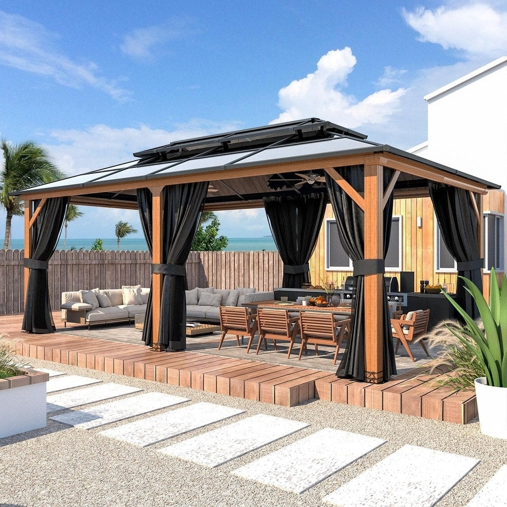 EROMMY Pavillon mit festem Dach, Pergola mit Doppeldach, Netz und Vorhängen, robuste Überdachung für Terrasse, Garten und Poolpartys