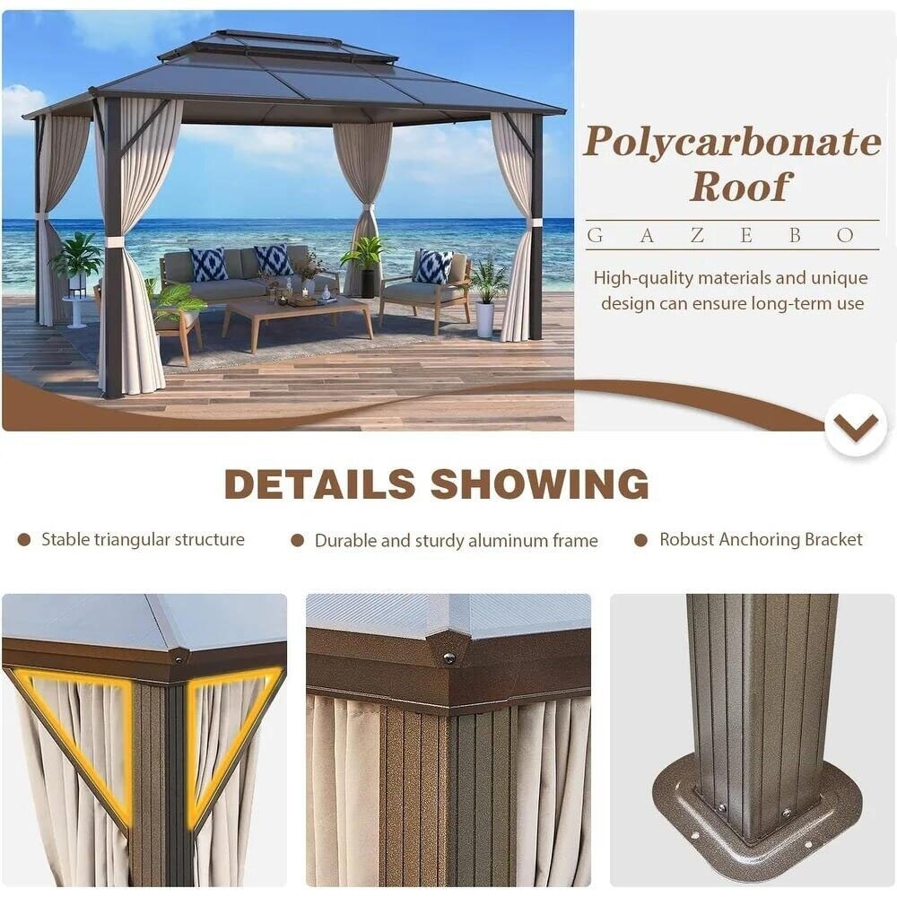 EROMMY Pavillon mit festem Dach, Pergola mit Doppeldach, Netz und Vorhängen, robuste Überdachung für Terrasse, Garten und Poolpartys