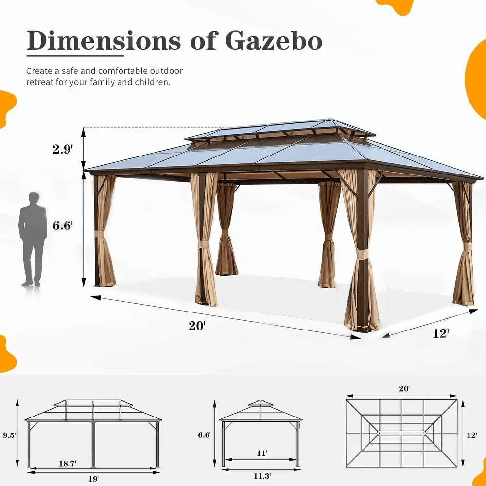 EROMMY Pavillon mit festem Dach, Pergola mit Doppeldach, Netz und Vorhängen, robuste Überdachung für Terrasse, Garten und Poolpartys