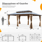 EROMMY Pavillon mit festem Dach, Pergola mit Doppeldach, Netz und Vorhängen, robuste Überdachung für Terrasse, Garten und Poolpartys