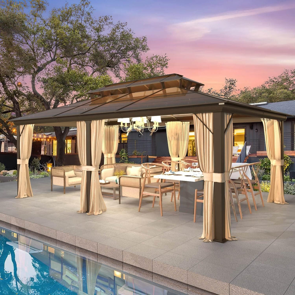 EROMMY Pavillon mit festem Dach, Pergola mit Doppeldach, Netz und Vorhängen, robuste Überdachung für Terrasse, Garten und Poolpartys